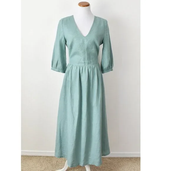 Linen Handmade Studio Open Back Madeleine Midi Dress Teal - 6 - Picture 1 of 11